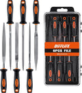 7'' Needle File Set - Carbon Steel 6-Piece With Handles, Hardened Alloy Strength Steel - Includes Flat, Flat Warding, Square, Triangular, Round, and Half-Round Files