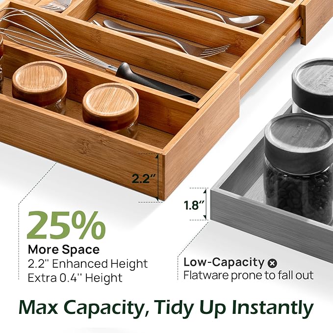 Carbonized Bamboo Kitchen Drawer Organizer, 8-10 Slots Expandable Silverware Organizer, Utensil Holder & Cutlery Tray, 2.2" Deep for Extra Capacity, Non-Slip Feet Included