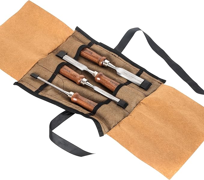 4-Pieces Woodworking Wood Chisel Set with Canvas Bag, Razor Sharp CR-V 60 Steel Blades