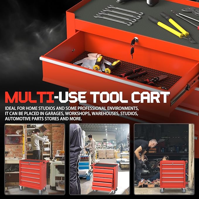 5-Drawer Rolling Tool Box, Metal Tool Chest with Wheels and Locking, Portable for Warehouse, Garage, Repair Shop, Workshop (Red, 5-Drawer)
