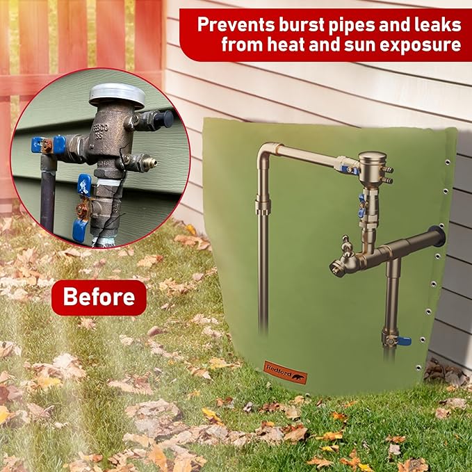 Redford Supply Co. Cold Snap (5°F) Backflow Preventer Insulation Cover, 3-Way Custom, 30"W x 24"H, Pipe Insulation, Water Sprinkler Covers for Outside, Sprinkler Backflow Cover for Winter (Green)