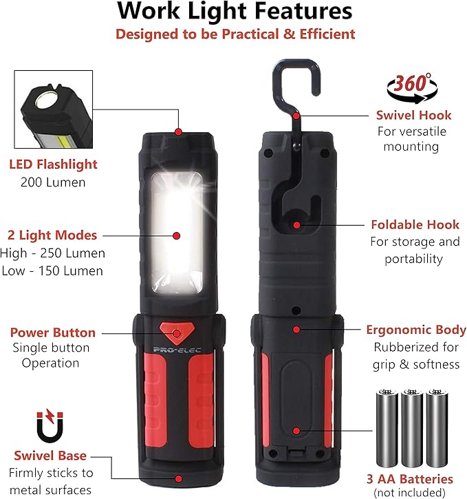 PROELEC Portable LED Work Light, Pivot COB Magnetic Flashlight with 180° Swivel Magnet Base & 360° Hanging Hook, 250LM Super Bright Mechanic Car Emergency Flash Light, Battery Operated - Pack of 1