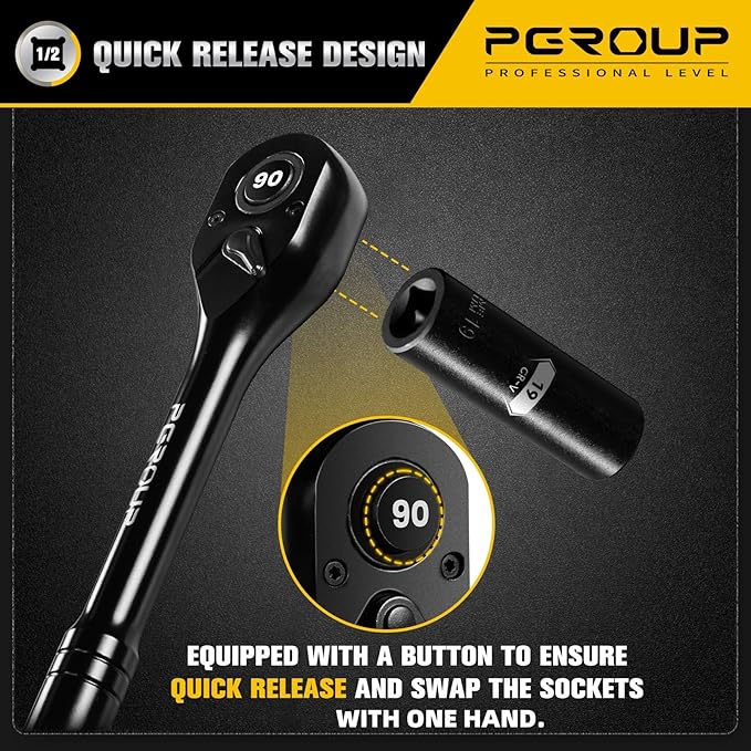 1/2-Inch Drive Ratchet Wrench, 90 Tooth Reversible Ratchet, 4-Degree Swing, Ergonomic Handle, Chrome Alloy Made, Quick Release Ratchet Wrench for Repairing, Home