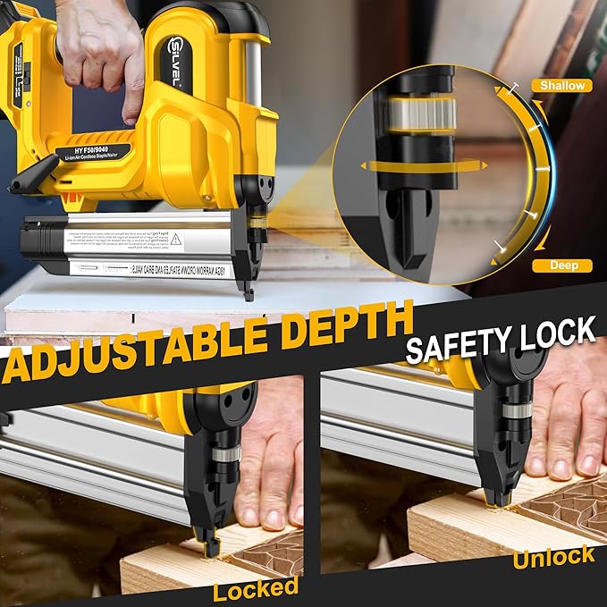 SILVEL 2" Cordless Brad Nailer, 2-in-1 21V Electric Brad Nailer with 2 * 2.0Ah Battery, 1000pcs Nails, 18GA Staples, Adjustable Depth for Woodworking, Home Improvement, yellow