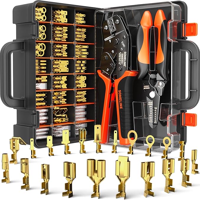 SOMELINE Wire Terminal Crimping Tool Kit,2.8/3.9/4.8/6.3mm Male Female Disconnect Terminals,AWG 24-14 Crimping Pliers for Molex 2.13/2.36mm, AMP - TE CONNECTIVITY Connectors,With Wire Stripper Set