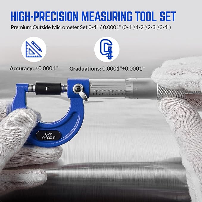 Premium Outside Micrometer Set 0-4" / 0.0001" (0-1"/1-2"/2-3"/3-4") Precision Machinist Tools w/Carbide Tips, Standards, Ratchet Stop, Blue
