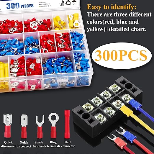 Tnisesm 300PCS Insulated Wire Crimp Connectors Assortment Kit with Ring, Spade, Butt, Quick Disconnect, Crimp Automotive Cable Terminals TN-T01