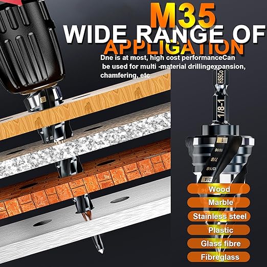Four Spiral Flute Step Drill Bit for Metal,M35 Cobalt Unibit Step Drill Bit Set 1/8"-1"(9 Sizes),Wear-Resistant AlTiN Coated,3/8" Hex Shank for Metal, Stainless Steel, Aluminum, Plastic