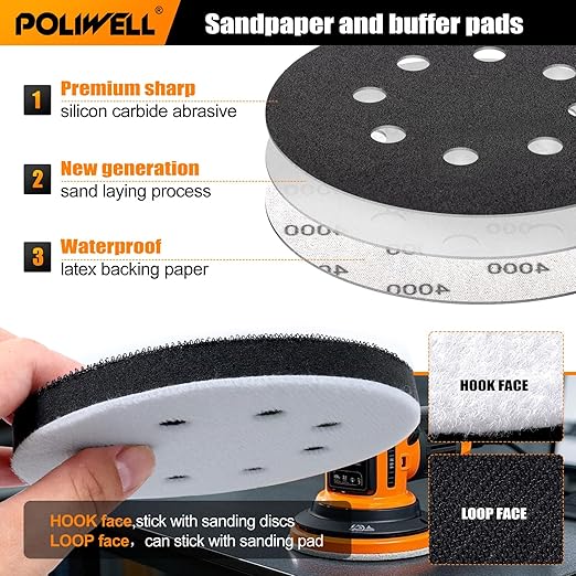 POLIWELL 5 Inch Sanding Discs Hook and Loop 8 Hole Heavy Duty Silicon Carbide Sandpaper 2000 3000 4000 5000 7000 10000 Grit with Interface Pad for Wet/Dry Sanding Grinder Polishing,30 Pack