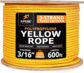 Yellow Twisted Polypropylene Rope, 3/16" Thickness x 600' Length Heavy Duty Poly Ropes for Outdoor and Marine Use, Yellow Rope for Visibility & Safety