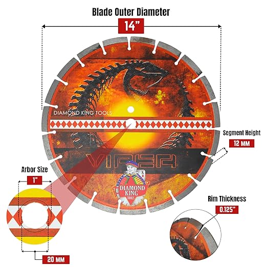14 Inch 5-Pack Viper Laser Concrete Diamond Blade – Professional Grade for Concrete, Brick, Block, Stone & Pavers – Precision Cutting Disc for Electric or Gas Saws Wet/Dry, 1"-20mm Arbor (14" 5pcs)