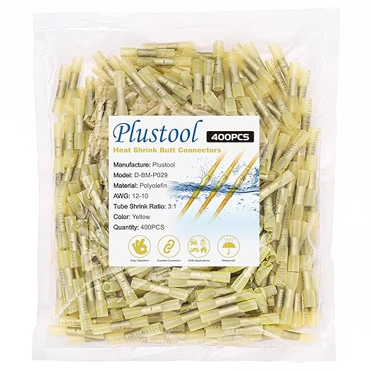 400PCS Yellow Heat Shrink Butt Connectors AWG12-10, Plustool Marine Grade Electrical Wire Connectors,Tinned Red Copper1.0mm, Insulated Waterproof Crimp Terminals Butt Splice for Cable,Boat,Wiring