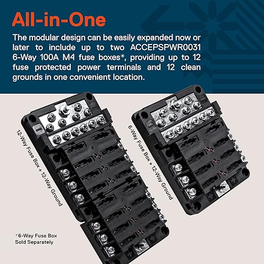 True Mods 12-Way Modular Ground Terminal Block [Expand with Up to 12 Fuses] [Protective Cover] [Copper Bus Bar] Negative Power Distribution Busbar for Truck Marine Boat Automotive Motorcycle UTV ATV