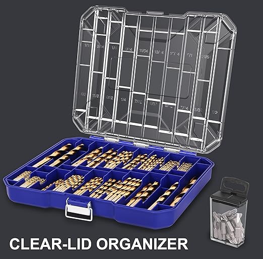 276pc Titanium Twist Drill Bit Set with S2 Bits 135° Tip High Speed Steel, Size from 1/16" up to 1/2", Ideal in Wood Cast Iron Aluminum Alloy Plastic Fiberglass, Clear Lid Case