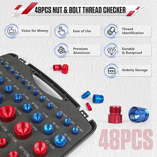 48Pcs Nut and Bolt Thread Checker Kit (25 Standard & 23 Metric), Detachable Bolt Size for Narrow and Tricky Spaces with Sturdy Case ScrewThread Gauge