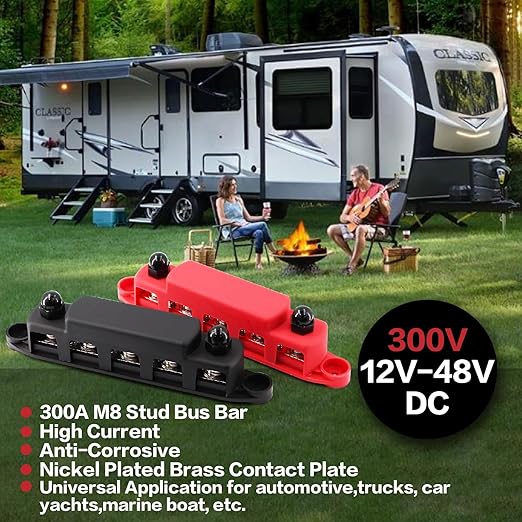 300A Bus Bar 5 Post 12V-48V DC Power Distribution Block,5 * 5/16"(M8) Battery Terminal Studs with Cover and Wire Lugs for Wiring,Automotive,Marine,Battery busbar (Red&Black)
