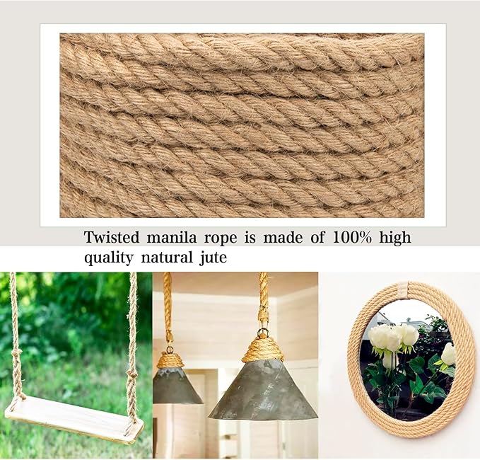 Natural Hemp Rope (1/2 in x 100 ft) Twisted Manila Ropes Jute Ropes Sisal Rope for Cat Scratching Post, Camping, Crafts, Tug of War, Railings Decorate, Hanging, Hammock, DIY Projects