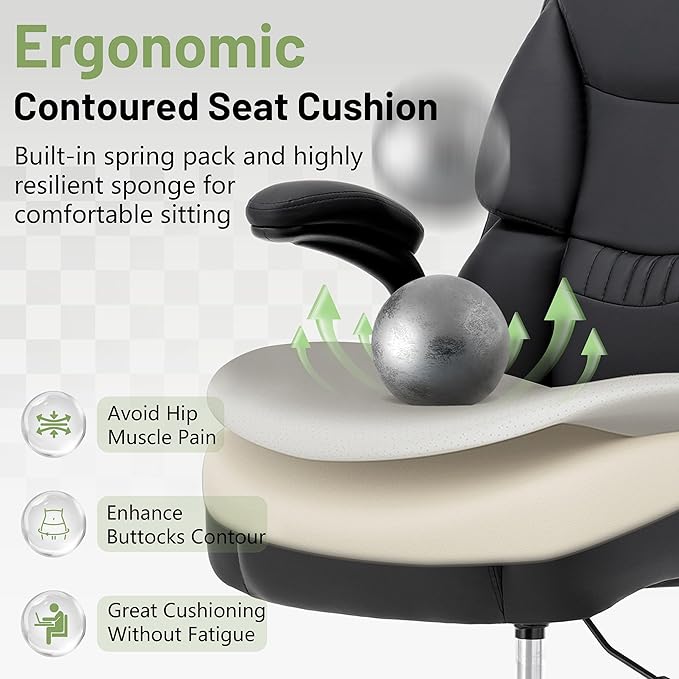 500LBS Drafting Chair, High Back Safer Standing Desk Chair, Executive Tall Office Chair with Flip-up Armrests, Upholstered PU Leather Task Chair, Ergonomic Seat with Adjustable Height&Foot Ring, Black