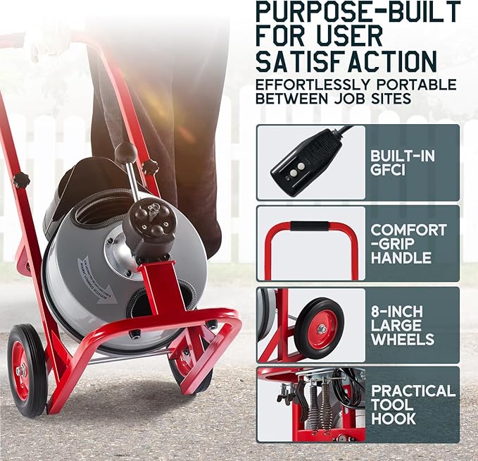Albott 100 FT x 1/2 inch Electric Drain Cleaner Machine with Auto-Feed & 10 Cutters, Sewer Snake Auger for 1–4 Inch Pipes, Foot Switch & Wheels, Ideal for Home & Commercial Use, Gray/Red
