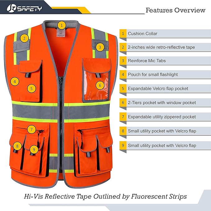 JKSafety 10 Pockets Class 2 Hi-Vis Zipper Front Safety Vest | Cushioned Collar | High Reflective Tapes with Extended Neon Yellow Strips | Meets ANSI/ISEA Standards (3X-Large, 89-Orange)
