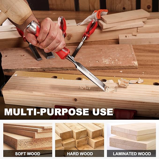 HAUTMEC 1" Wood Chisel – High-Impact Drop-Forged CRV Steel, Fully Polished Beveled Edge Blades, Heavy-Duty Strike Cap & Extended Anti-Skid Handle – HT0362
