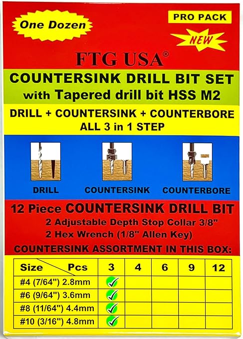 FTG USA Countersink Drill Bit Set for Wood with Tapered Drill Bit - #4 (7/64"), #6 (9/64"), #8 (11/64"), #10 (3/16")