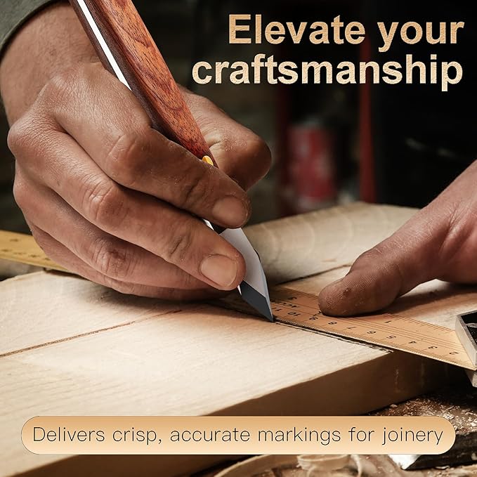 Marking Knife Woodworking Heavy Duty Scribing Gauge Knife Leather Sheath Carbon Steel Double Beveled Blade Striking Knife Wooden Handle Scribe Carving Tool Fathers Day Mens Woodworking Birthday Gift