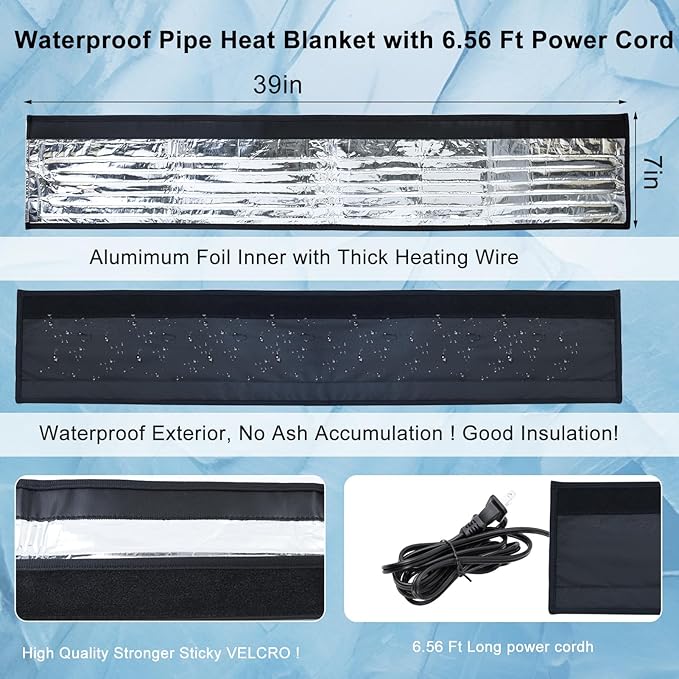 Water Pipe Heat Blanket, 39"x7" Stickable Water Pipes Heater Tape with 6.6Ft Cable Foil Pipe Warmers Water Line Insulation Wrap Pipe Freeze Protection for Outdoor Pipe RV Sewer Hose, Max140˚F，110V