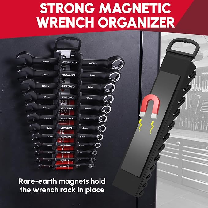 ARROW 12PCS Metric Ratcheting Wrench Set, Anti-Slip 6-18mm Combination Ratchet Wrench Set with Black Magnetic Tool Holder, Premium CRV Material, 72-Teeth, Corrosion-Resistant, Easy to Carry & Store