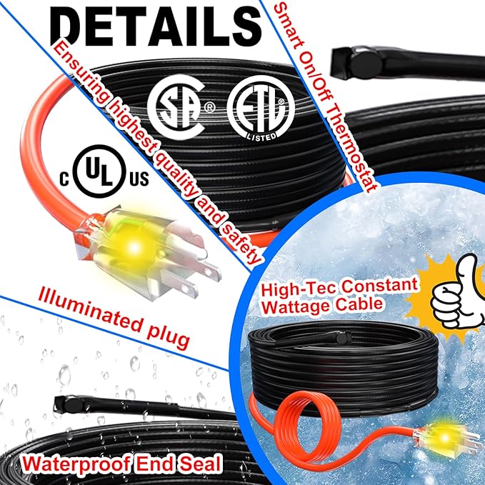 HEATIT Heat Tape for Water Pipes Heating Cable with Thermostat for Metal And Plastic Home Pipe, Electric Pipe Heating Trace System 35 Feet