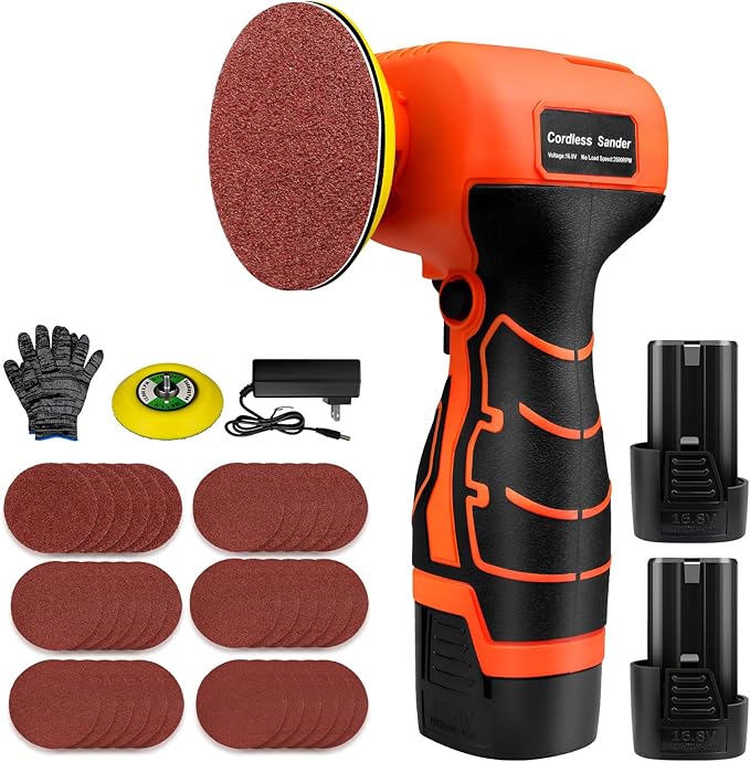 16.8V Cordless Electric Sander with 36PCS Sandpapers, 3500 RPM, 2Pcs 3.0Ah Batteries, Lightweight & Compact Design for Wood, Metal, Paint Removal, and DIY Projects