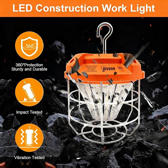 LED Temporary Work Light 100W15000Lm, 5000K Daylight White, Portable High Bay Light with Hook, Indoor Outdoor Area Lighting