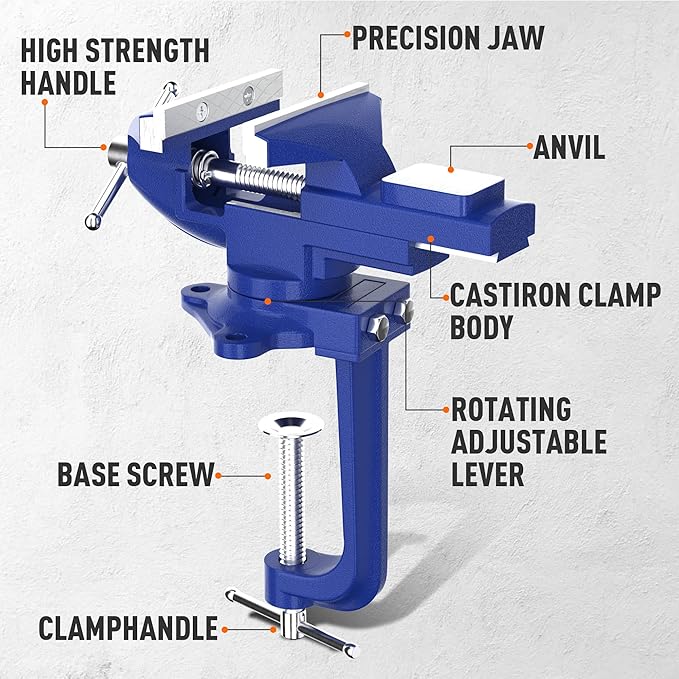 2-in-1 Bench Vise For Workbench 3.2"- Multi-functional Portable 360° Swivel Base Bench Clamp On Vice/Table Vise For Woodworking, Cutting Conduit, Drilling, Metalworking, Blue