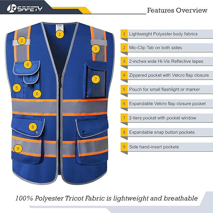 JKSafety 9 Pockets High Visibility Zipper Front Safety Vest | Blue with Dual Tone High Reflective Strips | Meets ANSI/ISEA Standards (901-Blue, Large)