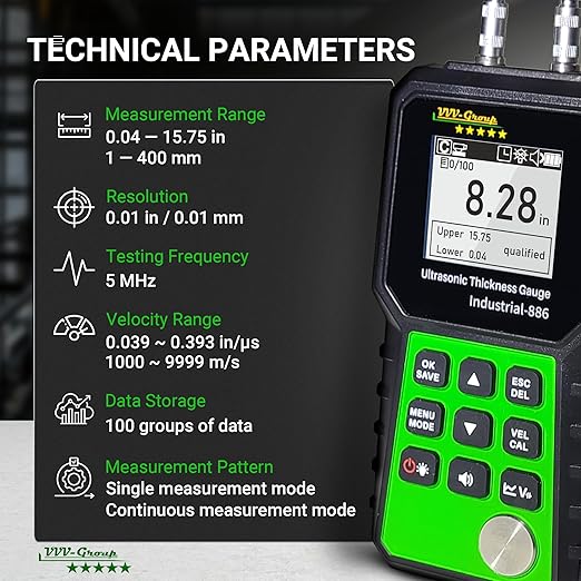 Ultrasonic Thickness Tester Industrial-886 / Digital Metals Thickness Gauge with Range 0.04-15.75in(1-400mm) / Industrial Measuring Instrument