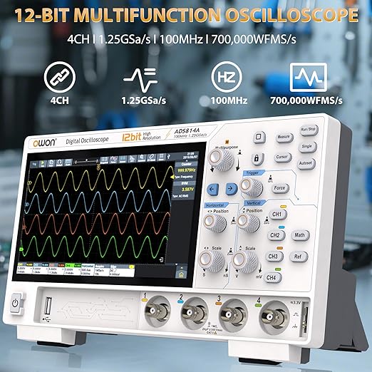 Digital Oscilloscope ADS814A 100MHz Bandwidth OWON 4 Channel Oscilloscope with 1.25GSa/s Sample Rate 12bits Vertical Resolution 50M Memory Depth 7 inch LCD Oscillograph