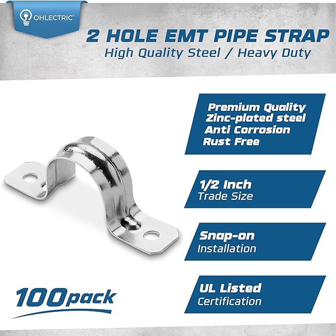 OHLECTRIC Heavy Duty Pipe Strap (100 Pack - ½ Inch) Zinc Plated Conduit Clamps, 2 Hole Steel Rigid Pipe Strap U Bracket, Zinc Coated Tension Tube Clip, Metal Pipe Clamp for Rigid Conduits