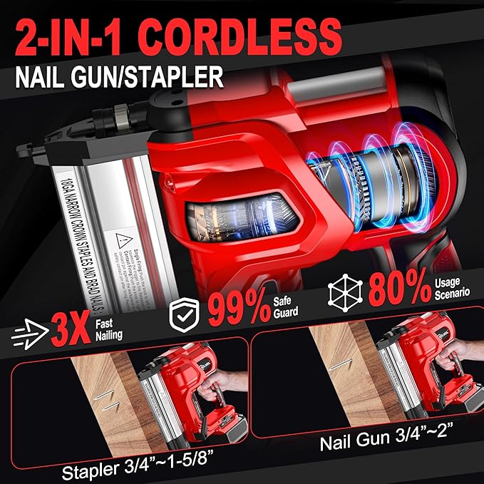 SILVEL 2" Cordless Brad Nailer, 2-in-1 21V Electric Brad Nailer Stapler with 2 * 4.0Ah Battery, 1000pcs Nails, 18GA Staples, Adjustable Depth for Woodworking, Home Improvement