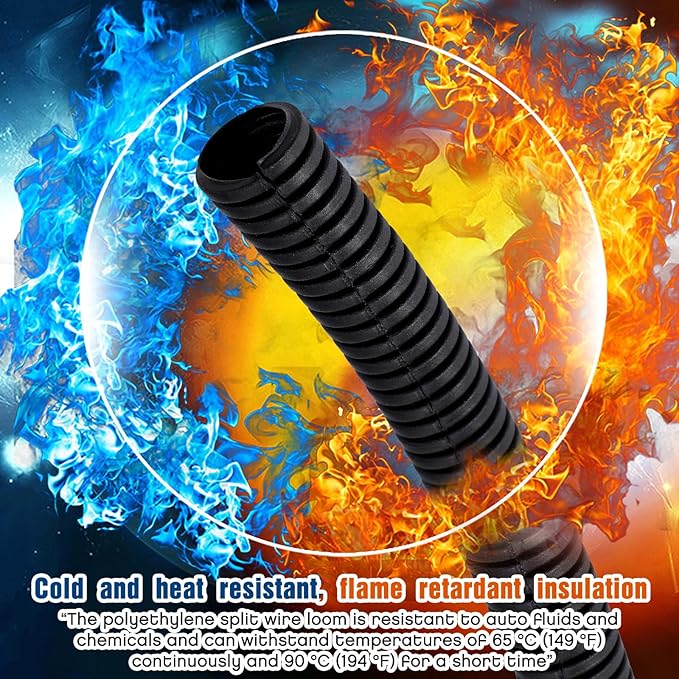 Sasylvia 1/4, 3/8, 1/2, 3/4'' X 10 ft Split Wire Loom Cord Protector Tubing Split Conduit Protector Tubing Convoluted Tube Flexible Electrical Wire Cover Protective Sleeves(Black)