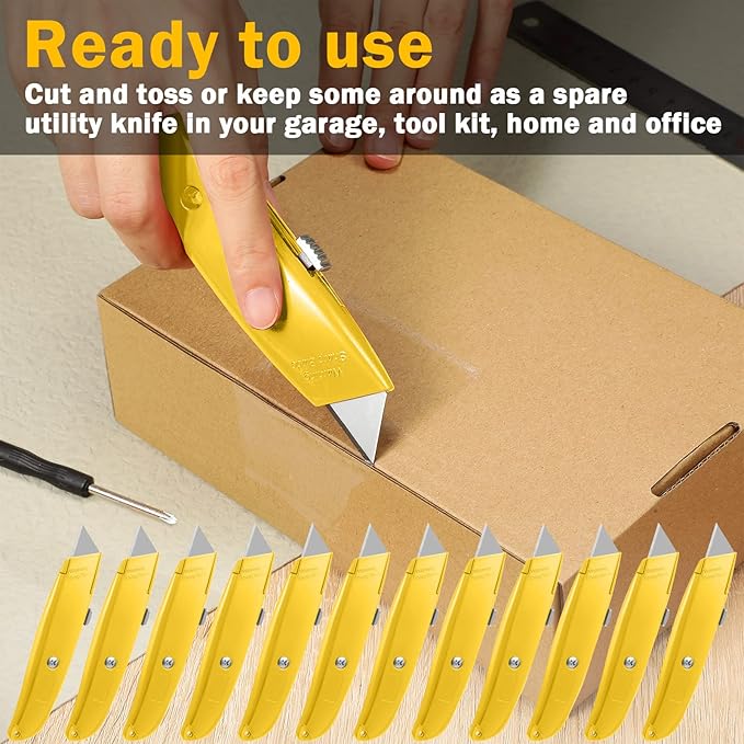 Reginary 20 Pcs Box Cutter Bulk Retractable Utility Knife Heavy Duty Aluminum Alloy Razor Knife for Cardboard Box Carton Opener for DIY, Factory, Home Office(Yellow)