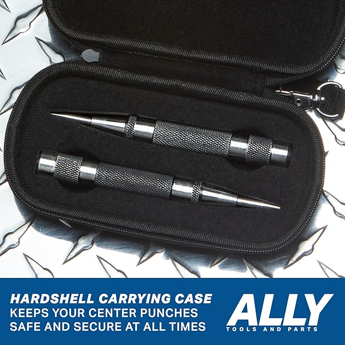 ALLY Tools Heavy Duty Automatic Center Punch w/Hardened Steel – 2PC Premium Automatic Center Punch for Metal for Machinists and Carpenters w/Adjustable Knurled Cap, Spring Loaded and Hard-Shell Case
