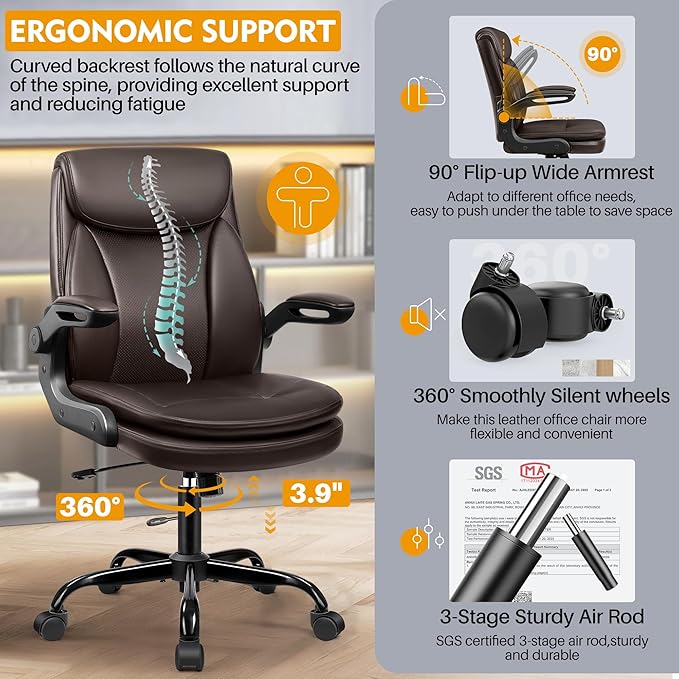 Office Chair Ergonomic Desk Chair - Premium Leather Executive Office Chairs with Lumbar Support Flip Up Armrests, Home Office Desk Chairs Computer Chair with Rocking Function Adjustable Height