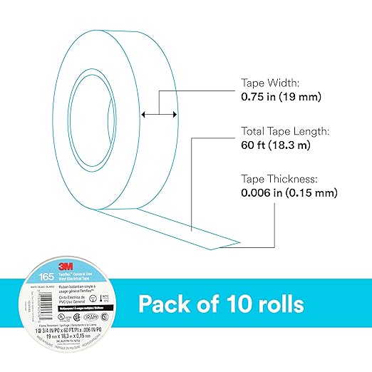 3M Temflex Multi-Purpose Vinyl Electrical Tape 165, White, 3/4 in x 60 ft (19 mm x 18 m), 10 Roll Pack