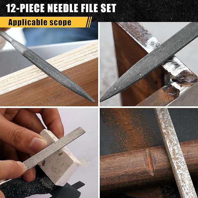 12PCS Needle File Set with Tool Bag, Small File Set Includes 6pcs Jewlers Files & 6 Steel Files for Metal, Jewlers, Wood, Leather and Plastic