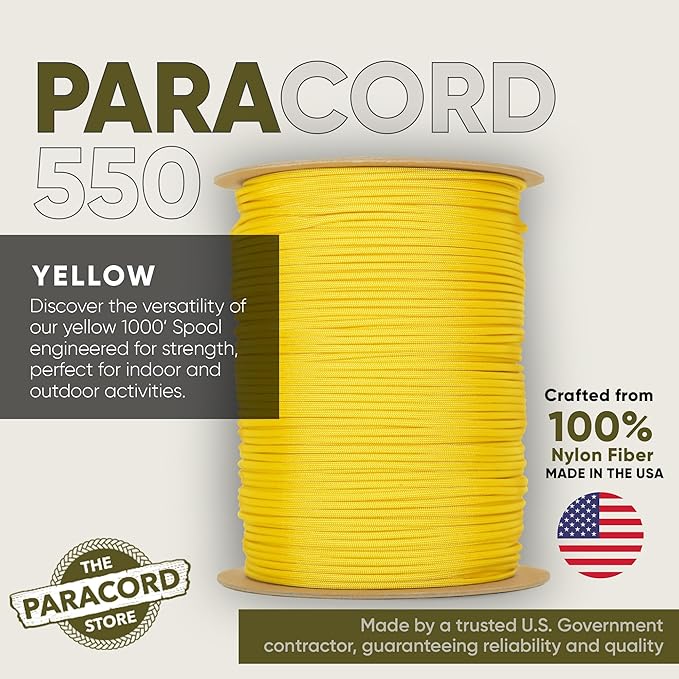 The Paracord Store | Type III 550 Paracord - 250 FT Spool, Yellow | Heavy Duty 7 Strand Tactical Paracord - USA Made Nylon Outdoor Parachute Cord for Camping, Fishing & More - Survival Cord