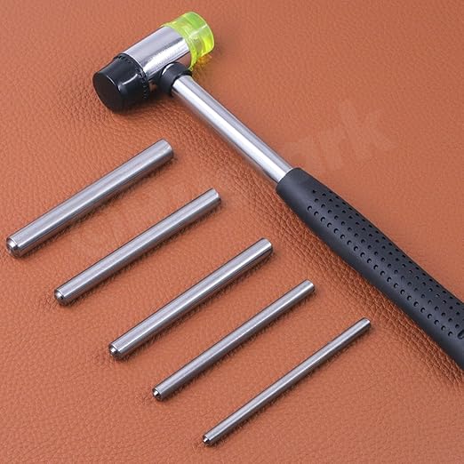 6Pcs 5 Sizes Roll Pin Punch Set with Double Faced Rubber Hammer Removing Repair Tools Steel Roll Pin Punches for Automotive Watch Bike Repairing