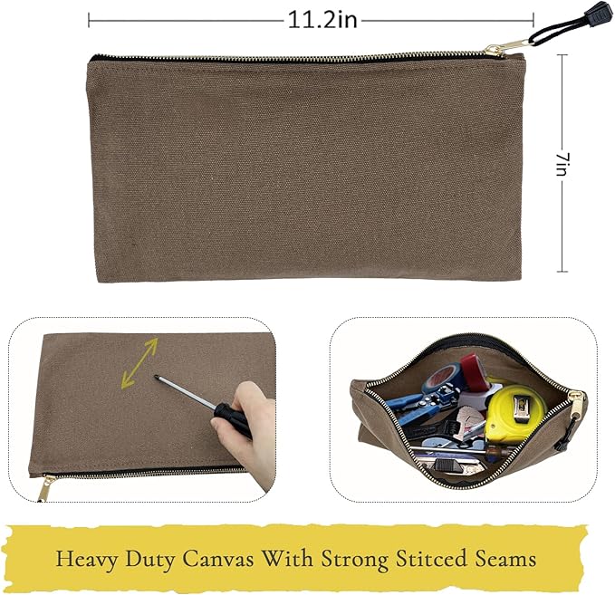 7 Pack Canvas Tool Bag Zipper Pouch - Heavy Duty 16 oz. Canvas Tools Utility Pouches, Multipurpose Storage Organizer Tote Bags with Dependable Metal Zippers, 12.5 x 7-Inch
