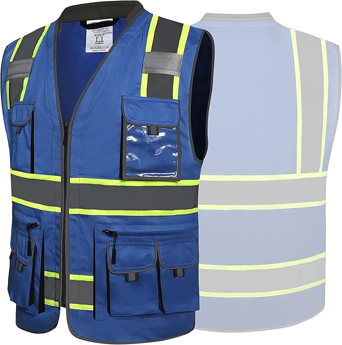 JKSafety 10 Pockets Hi-Vis Zipper Front Fluorescent Blue Safety Vest | Cushioned Collar | High Reflective Tapes with Extended Neon Yellow Strips | Meets ANSI/ISEA Standards (Large, 89-Blue)