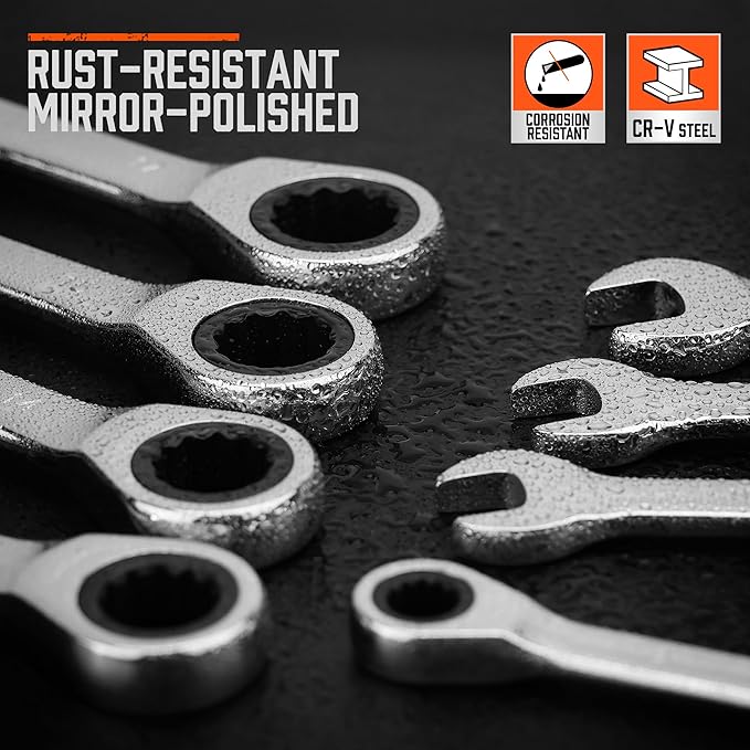 HORUSDY 8-Piece Metric Ratcheting Wrench Set | Ratchet Combination Wrench Set with Organizer | 72-Teeth | 8mm - 17mm | Chrome Vanadium Steel