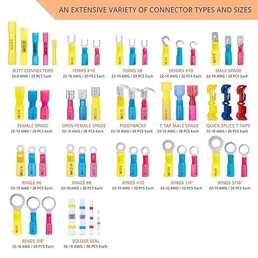 Wirefy Heat Shrink Wire Connectors Kit - Marine Grade Electrical Connectors - Automotive Butt Connectors - Insulated Ring, Spade, Fork, Hook, T-Tap Crimp Terminals - 22-10 Gauge - 1080 PCS